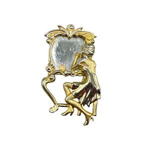 Vintage Lady w Vanity Mirror Pin Brooch AJC Matte Gold Tone Fun Costume Jewelry